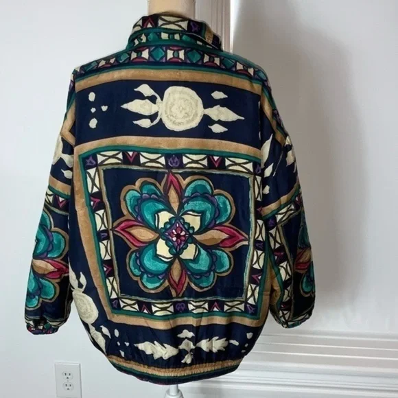 Vintage 90’s Stunt Sports 100% Silk Boho/Southwestern/Aztec Bomber Jacket Sz 2X - Picture 5 of 15